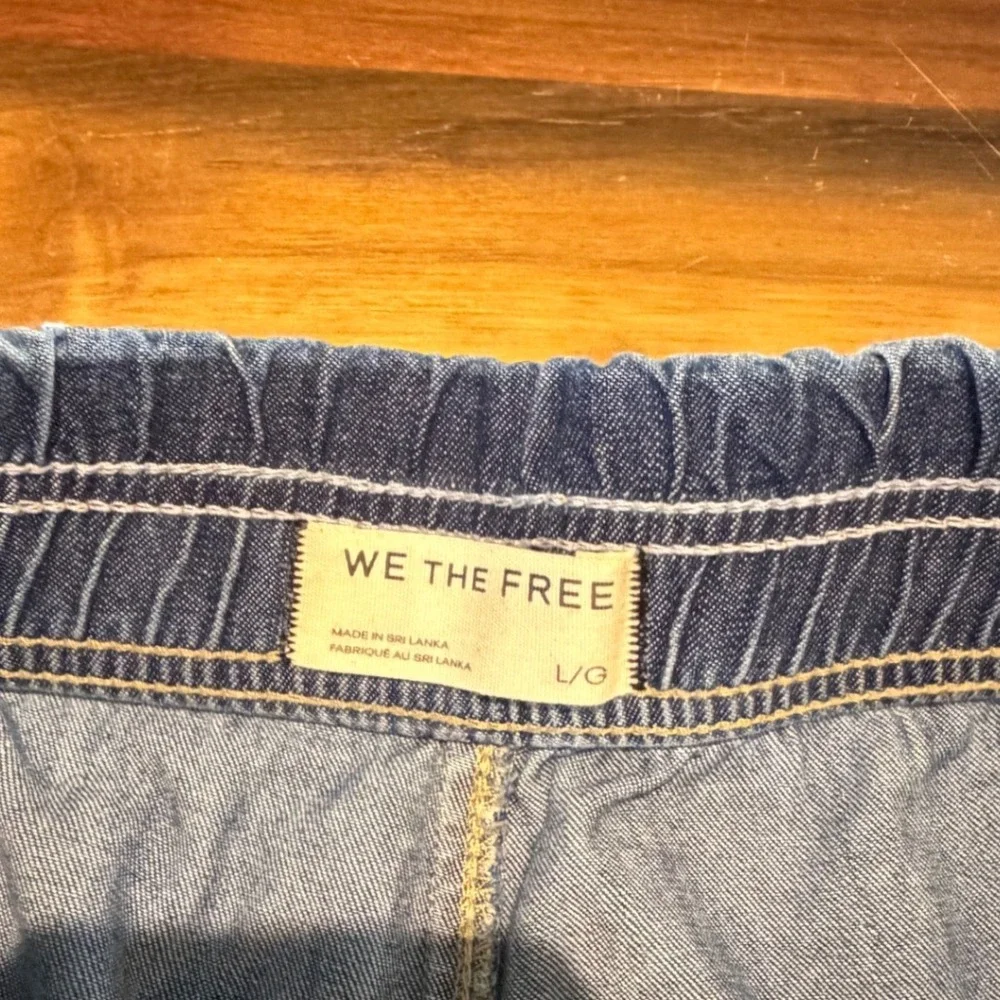 Free People We The Free Wide Leg Denim Pants Light Wash Blue Large Drawstring